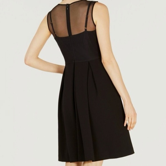 Calvin Klein Black Fit & Flare Pleated V-Neck Cocktail Dress Sheer Mesh Size 10 - Picture 2 of 9